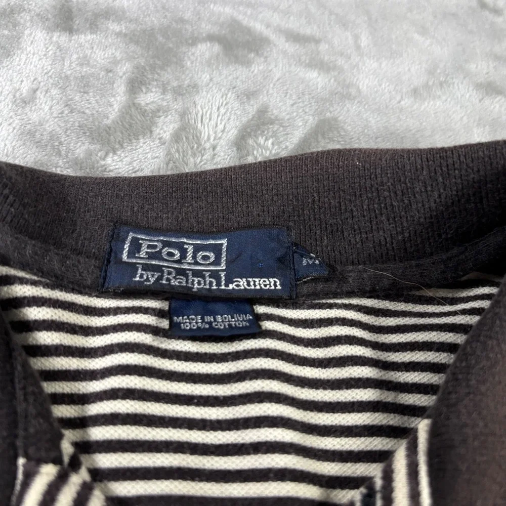 Polo Ralph Lauren Mens Medium Brown White Striped Short Sleeve Polo Shirt Cotton